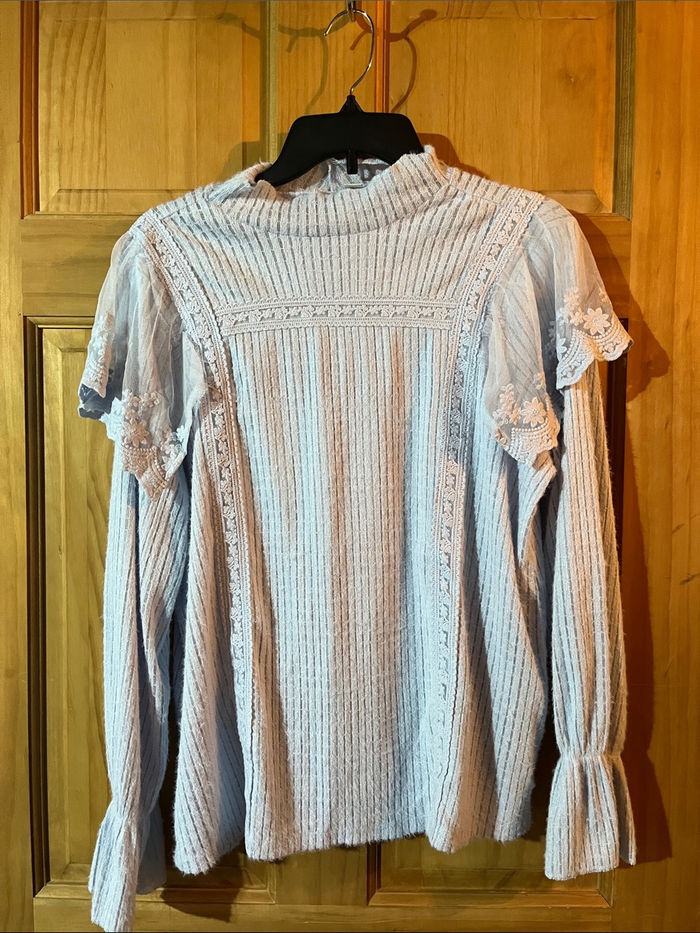 Cato Light Blue Ribbed Knit Top with Lace Trim